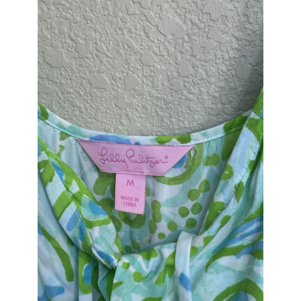 Lilly Pulitzer Green Blue Print Tassel Tie Mini Dress Medium Boho Resort - Picture 7 of 10